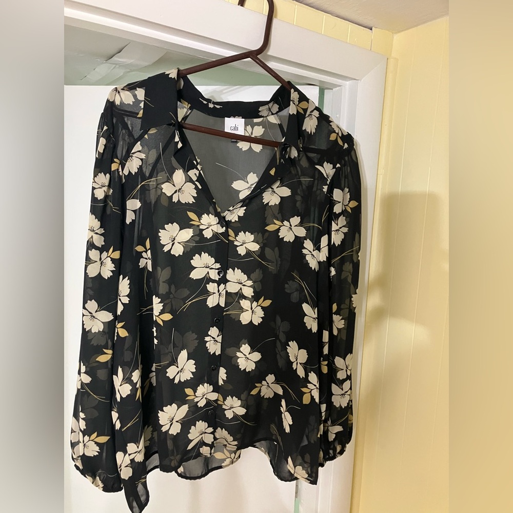 Cabi Cosmo Sheer Black Floral Blouse, Women's XL